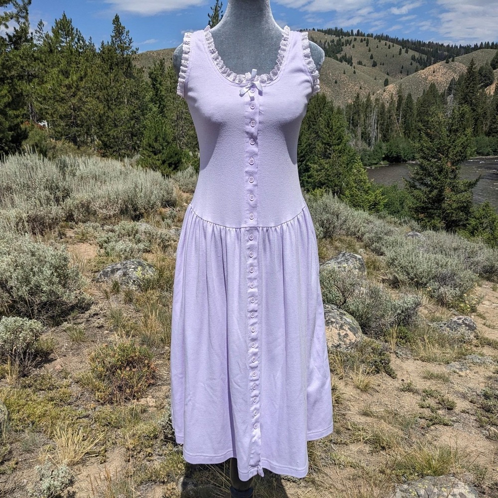 Vintage 80s Drop Waist Lace Trim Midi Dress S Lavender Button Front Cottagecore